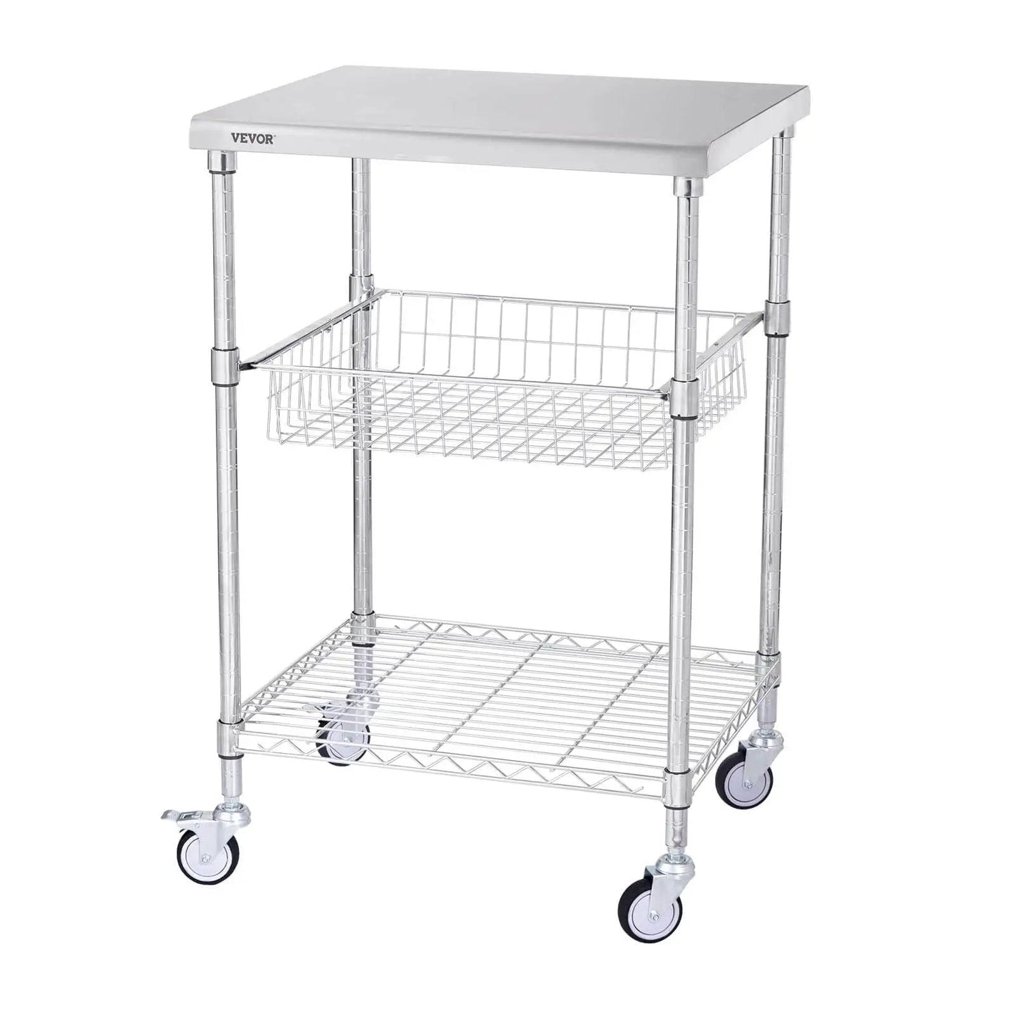 Heavy Duty Kitchen Utility Cart With Three Tiers And 470 Lb Capacity, steel rolling cart with wire shelves and brake wheels, VEVOR