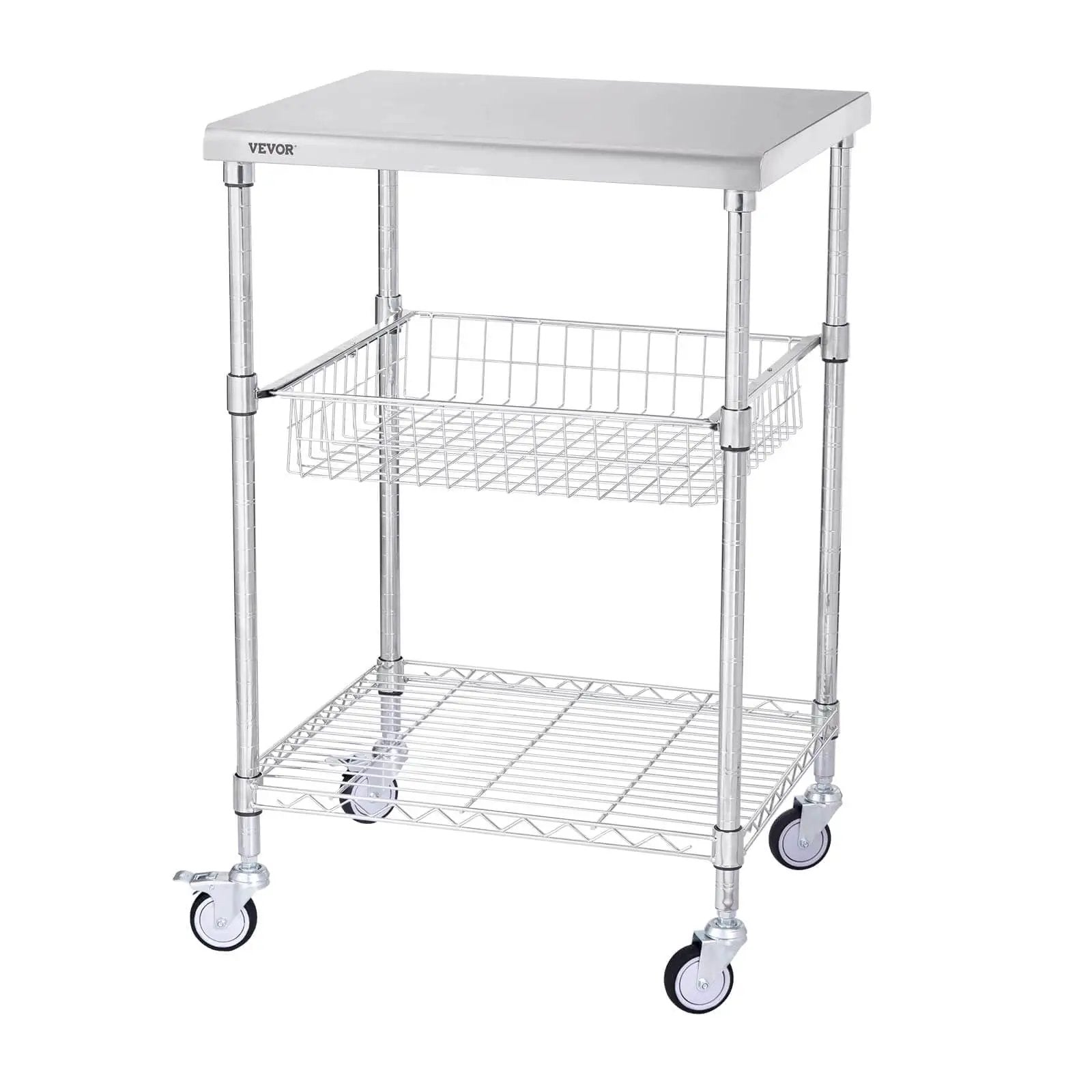 Heavy Duty Kitchen Utility Cart With Three Tiers And 470 Lb Capacity, steel rolling cart with wire shelves and brake wheels, VEVOR