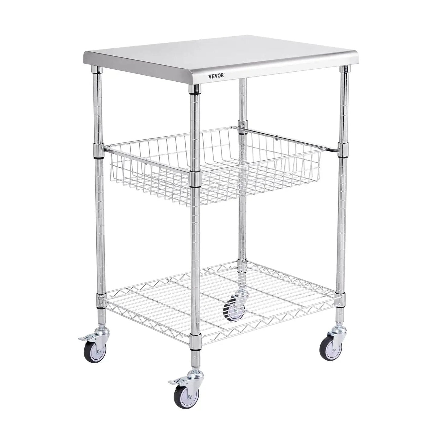 Heavy Duty Kitchen Utility Cart With Three Tiers And 470 Lb Capacity, 36.6 Inch By 20 Inch By 24 Inch Steel Rolling Cart With Brake Wheels