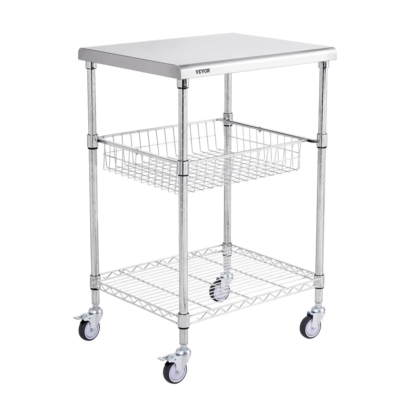 Heavy Duty Kitchen Utility Cart With Three Tiers And 470 Lb Capacity, 36.6 Inch By 20 Inch By 24 Inch Steel Rolling Cart With Brake Wheels