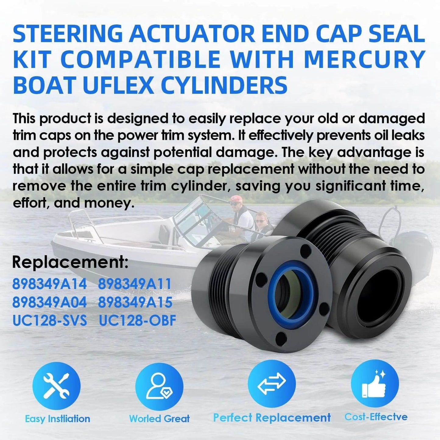 Steering Actuator End Cap Seal Kit for Mercury Outboard for Uflex UC128 UC128-OBF SVS Cylinders Replaces 898349A15