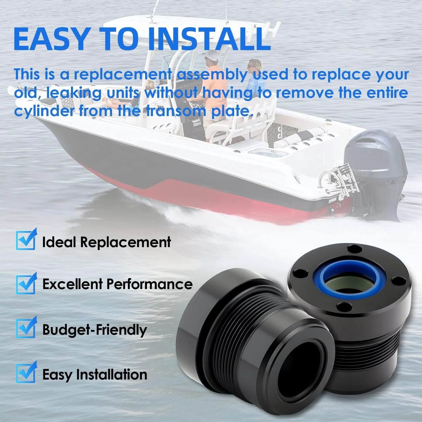 Steering Actuator End Cap Seal Kit for Mercury Outboard for Uflex UC128 UC128-OBF SVS Cylinders, black end cap close-up