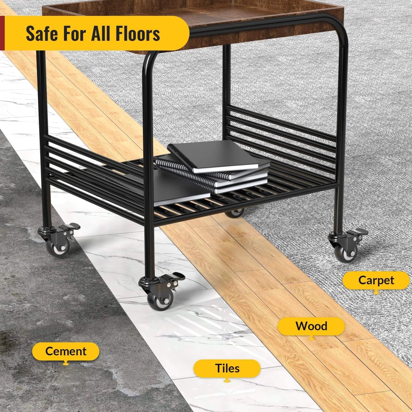 Cart with 2 Inch Stem Caster Wheels Total Locking Set of 4 Heavy Duty Swivel Casters on various floors, showcasing versatility.