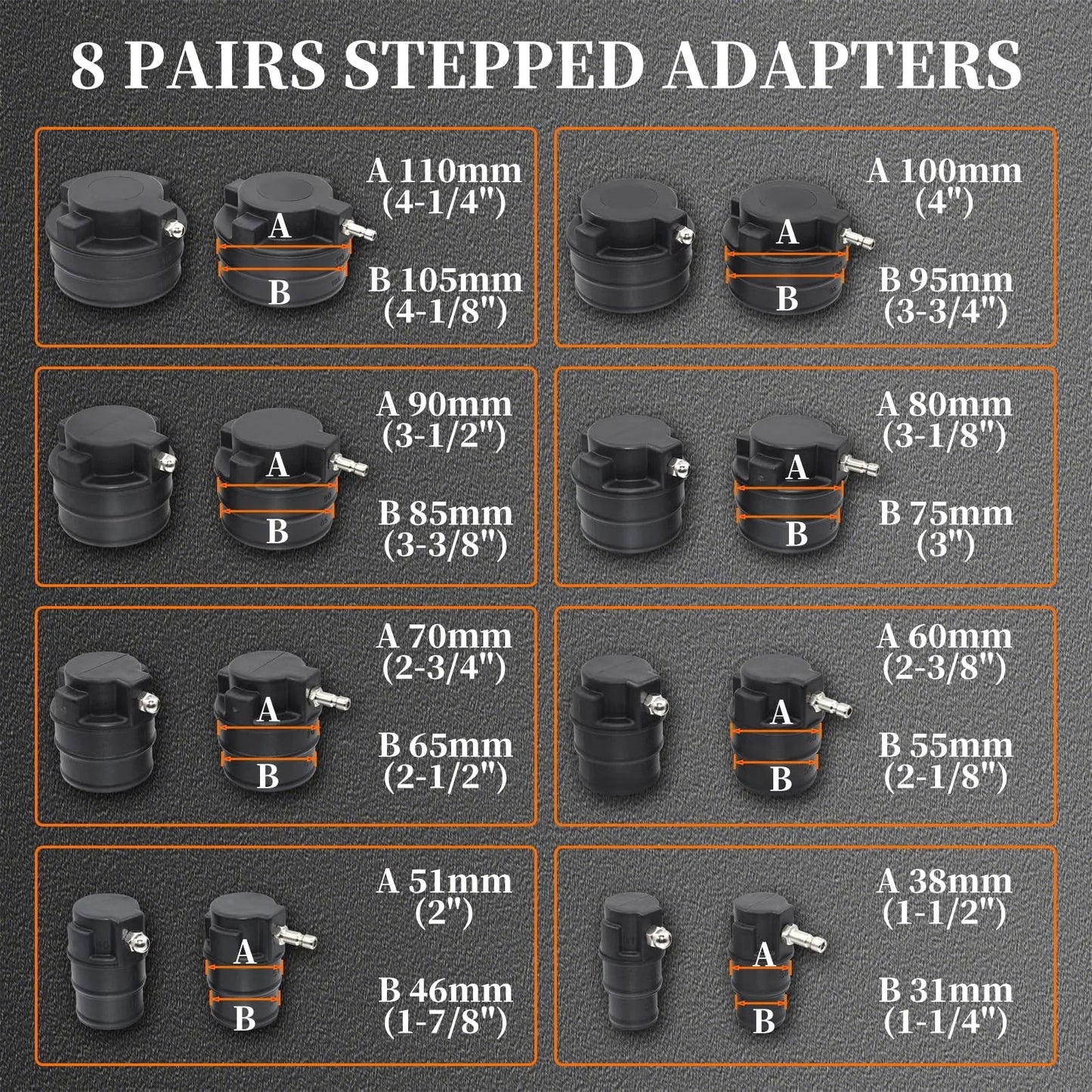 Turbo System Leak Tester Kit For Boost Pressure Diagnostics With 19 Piece Set And Eight Pairs Of Stepped Adapters From One And One Quarter Inch To Four And One Quarter Inch For Turbochargers Intercoolers Radiators And Cooling System Leaks Test showing 8 pairs of stepped adapters with sizes.