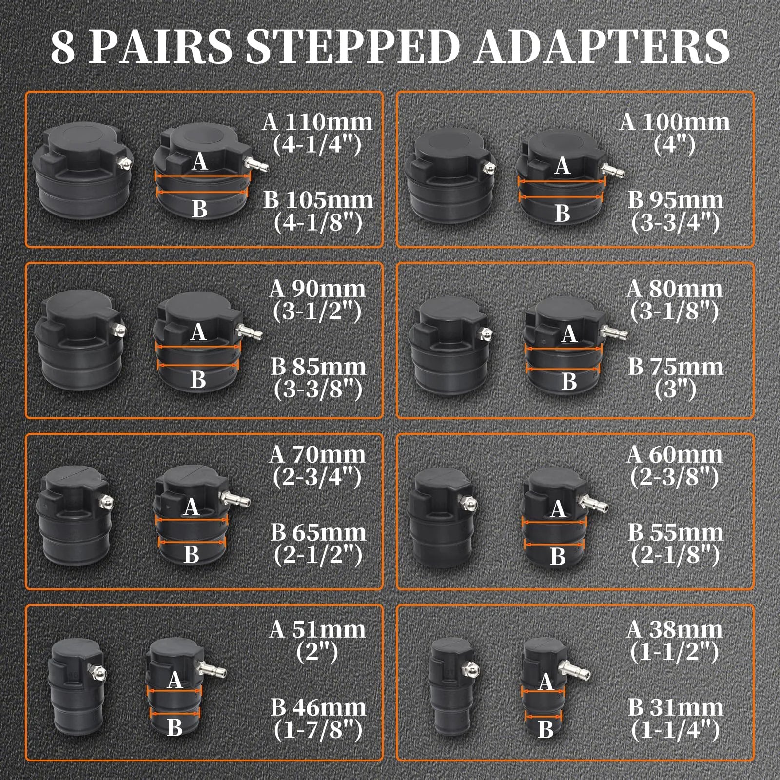 Turbo System Leak Tester Kit For Boost Pressure Diagnostics With 19 Piece Set And Eight Pairs Of Stepped Adapters From One And One Quarter Inch To Four And One Quarter Inch For Turbochargers Intercoolers Radiators And Cooling System Leaks Test showing 8 pairs of stepped adapters with sizes.