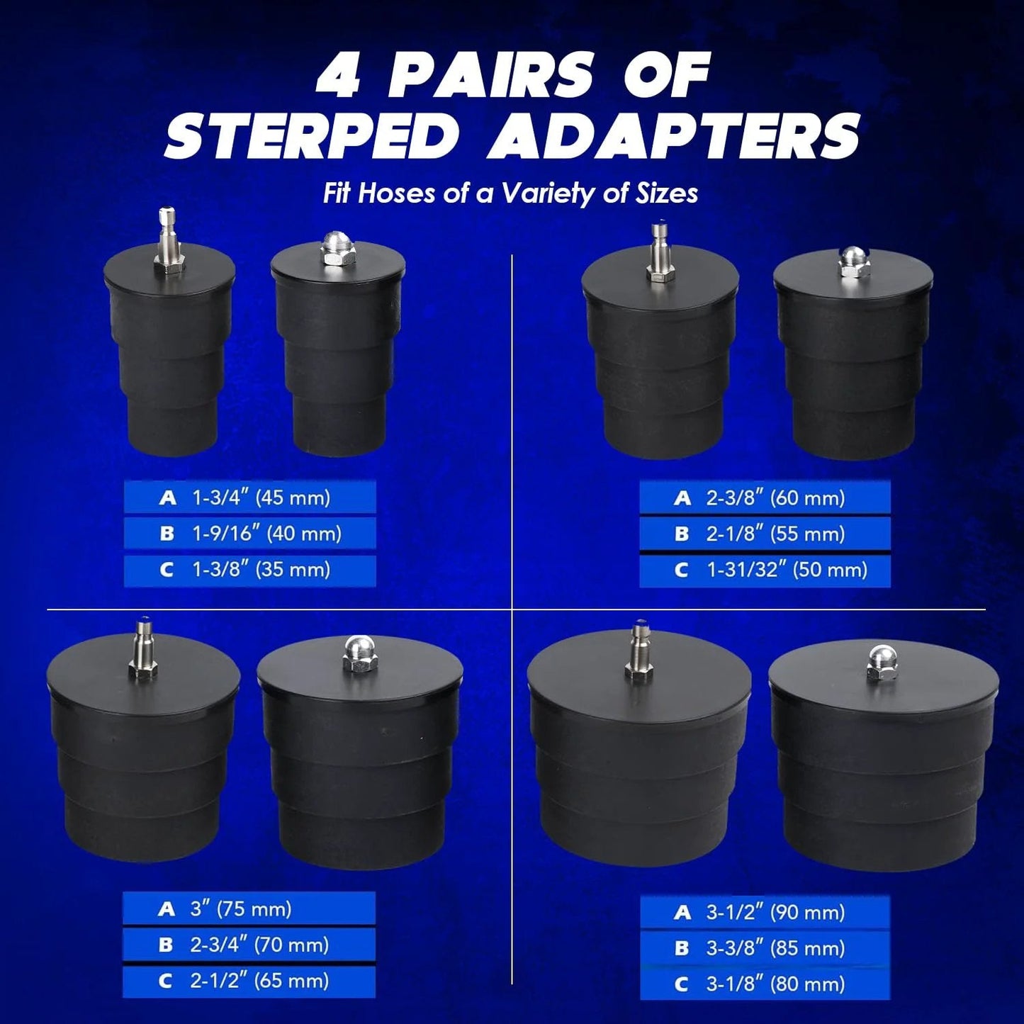 4 pairs of stepped adapters for Turbo System Leakage Tester Kit For Turbocharger And Emissions Testing 10 Piece Air Pressure Kit with various sizes.