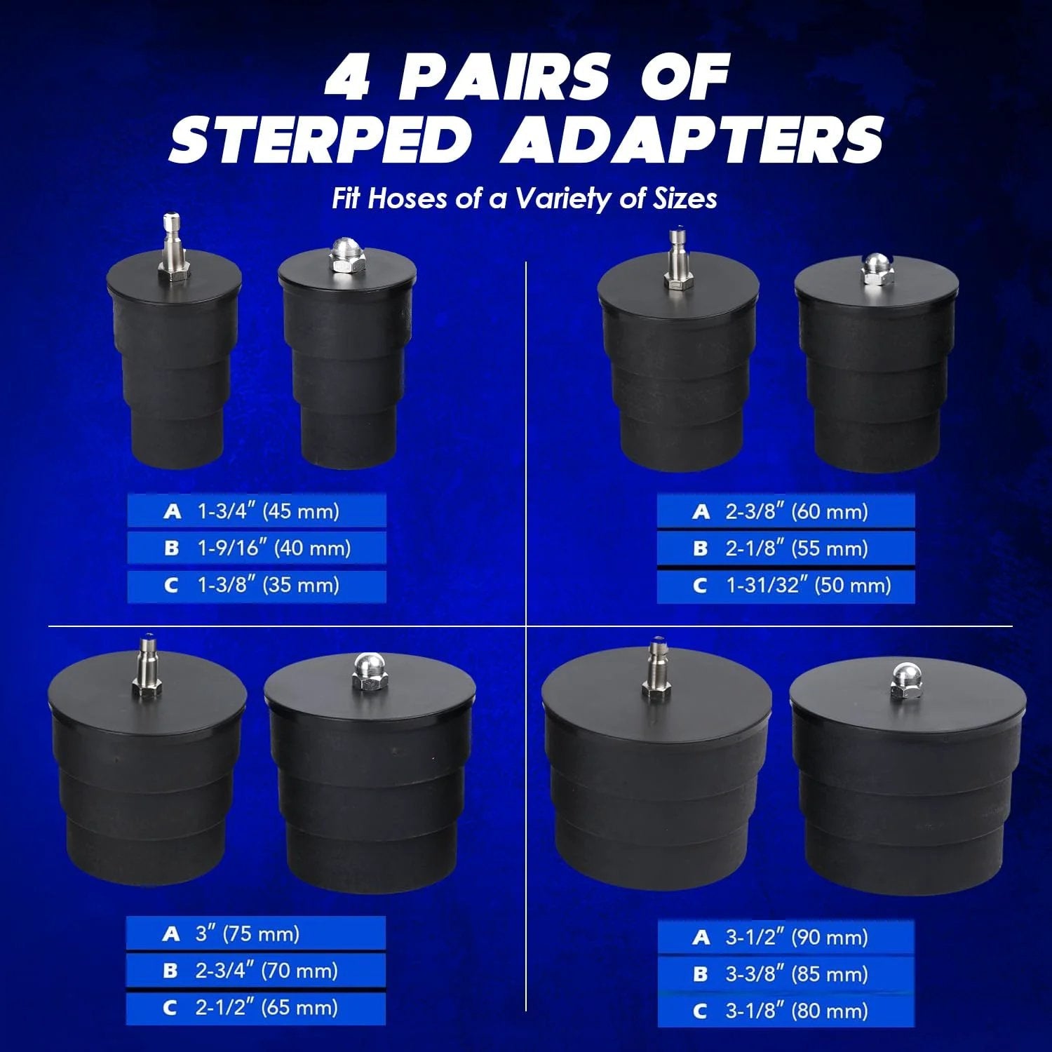 4 pairs of stepped adapters for Turbo System Leakage Tester Kit For Turbocharger And Emissions Testing 10 Piece Air Pressure Kit with various sizes.