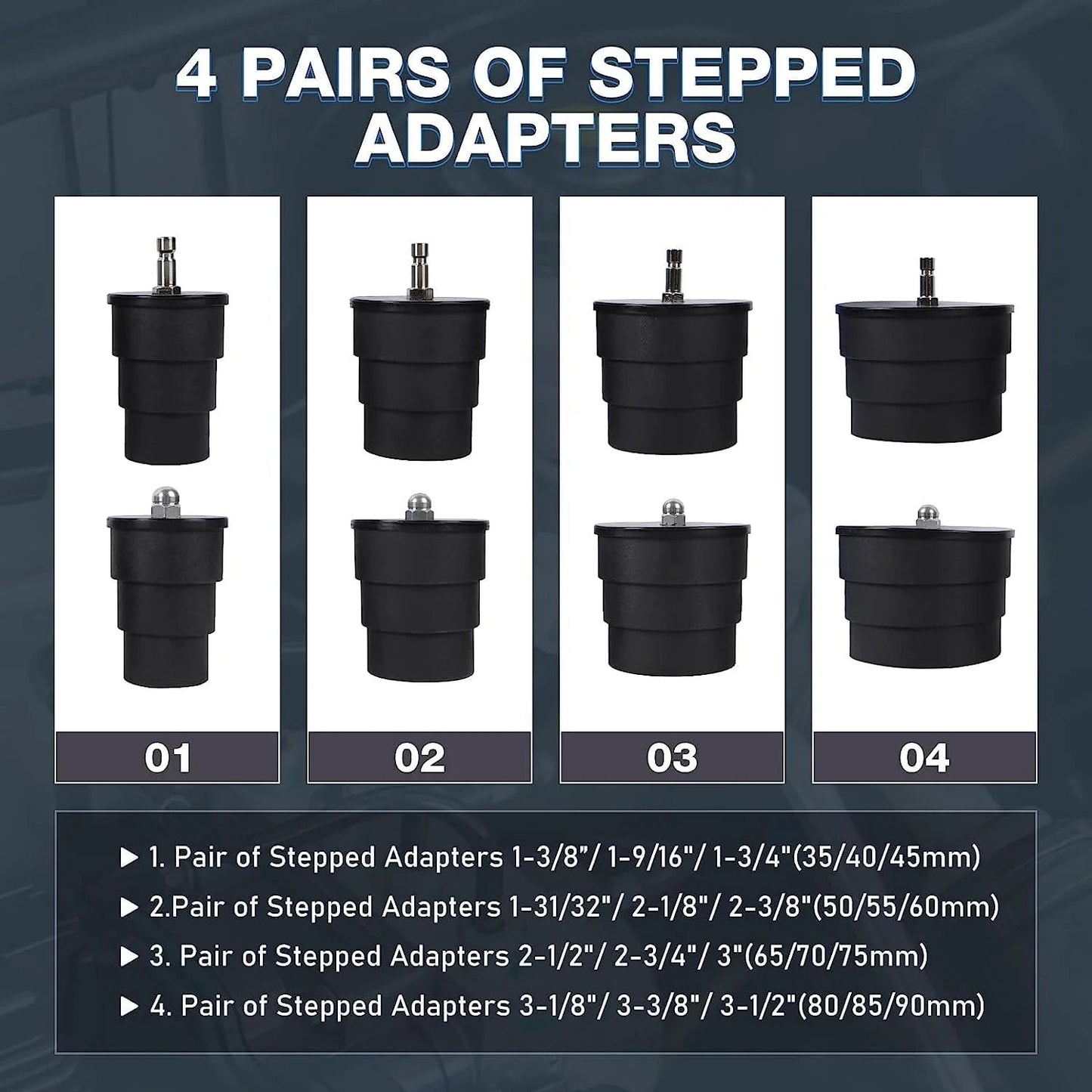 4 pairs of stepped adapters for Turbo Boost Leak Tester Kit with sizes from 1.38 to 3.54 inches for turbo systems.