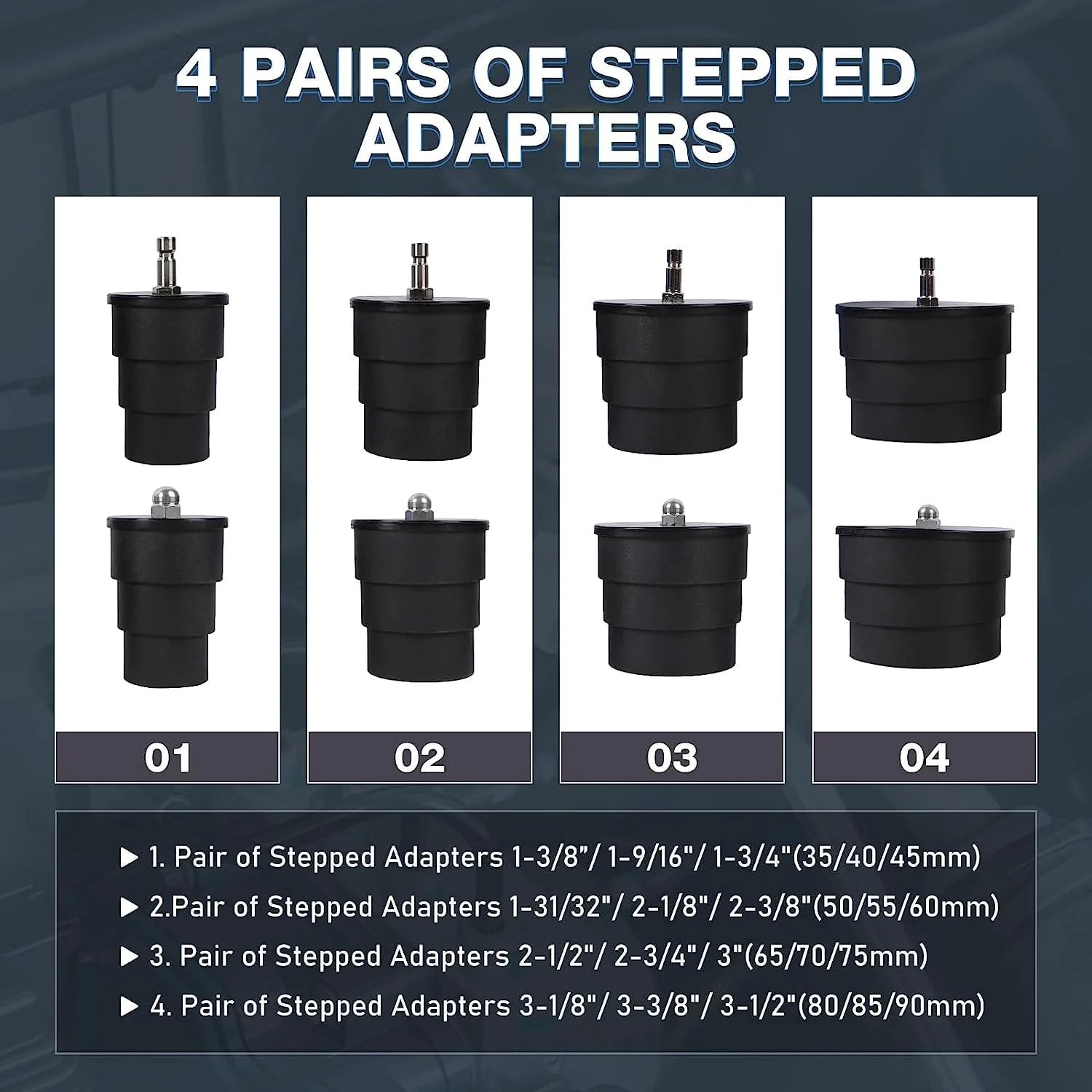 4 pairs of stepped adapters for Turbo Boost Leak Tester Kit with sizes from 1.38 to 3.54 inches for turbo systems.