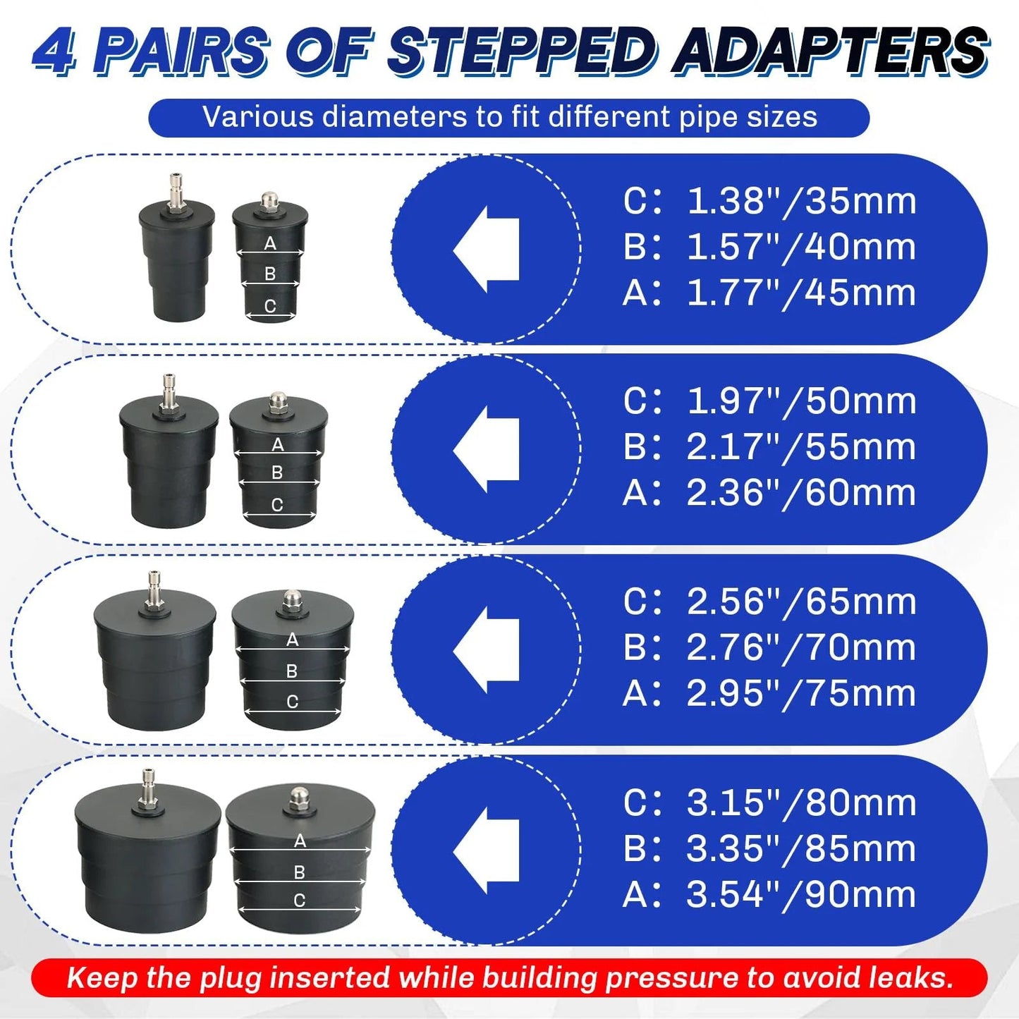 4 pairs of stepped adapters for Turbo System Leakage Tester Kit With 12 Piece Set, showing various diameters for pipe fittings.