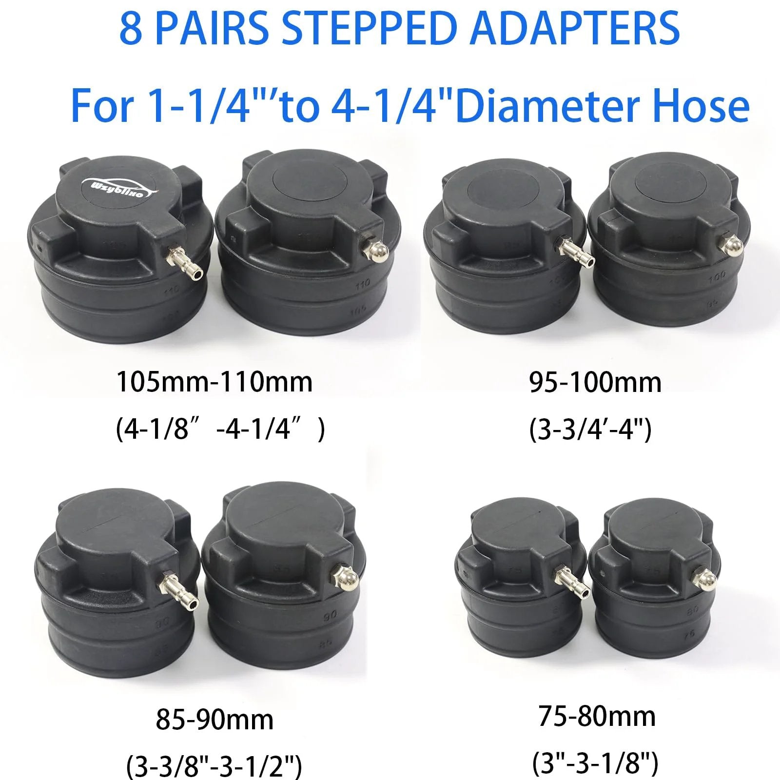 Turbo System Leakage Tester Kit For Cars And Trucks, featuring 8 pairs of stepped adapters for 1-1/4" to 4-1/4" diameter hoses.