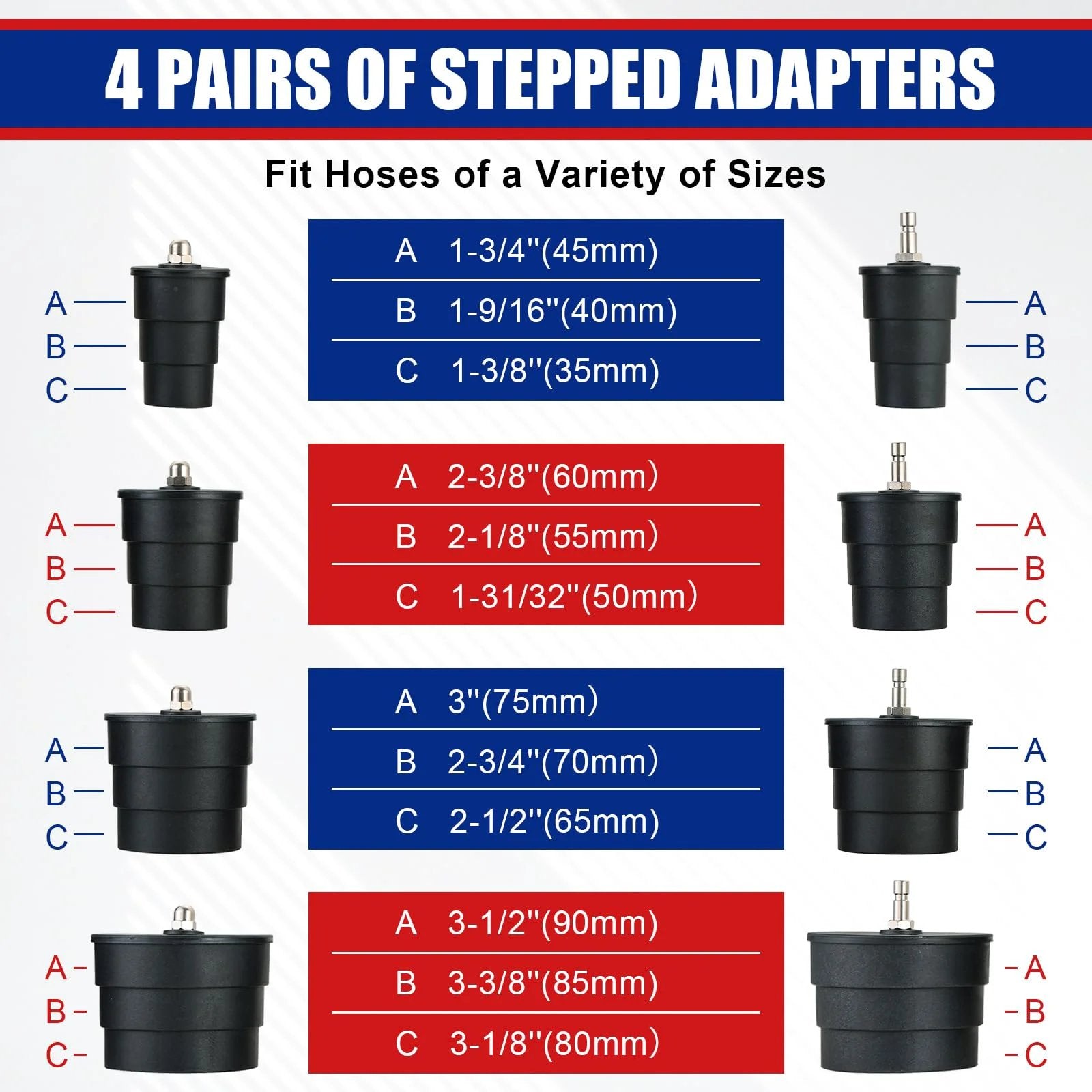 Four pairs of stepped adapters for Turbo Boost Leak Tester Kit, fit hoses sizes 1-3/4 to 3-1/2 inches for various vehicles.