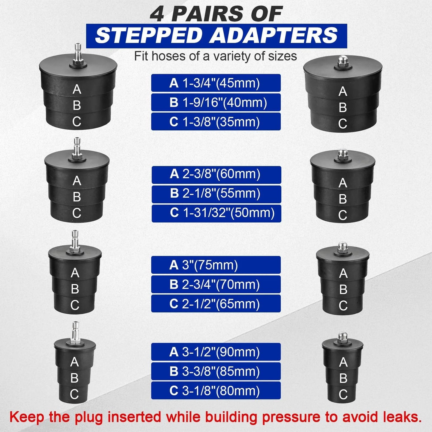 Four pairs of stepped adapters for Turbo System Leakage Tester Kit sizes 1.38 to 3.54 inches for fitting hoses.
