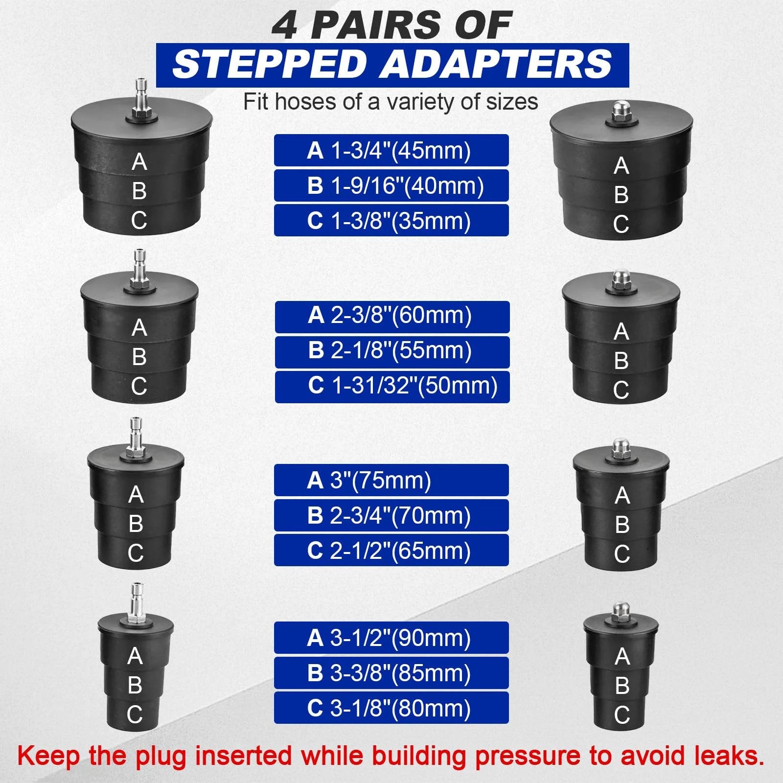 Four pairs of stepped adapters for Turbo System Leakage Tester Kit sizes 1.38 to 3.54 inches for fitting hoses.