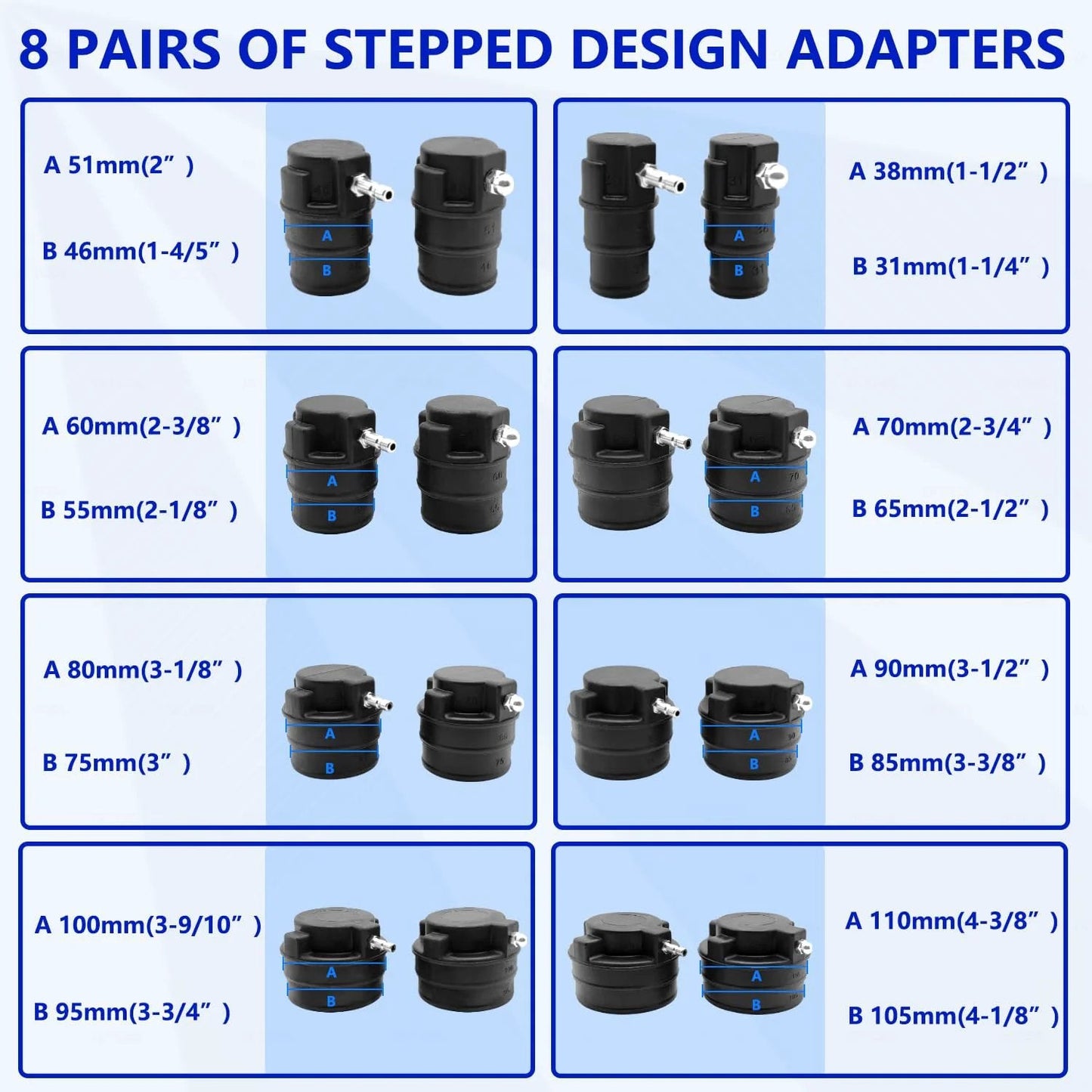 8 pairs of stepped design adapters for Pro Grade Turbo Leak Tester Kit, sizes from 2" to 4-3/8" for boost systems.