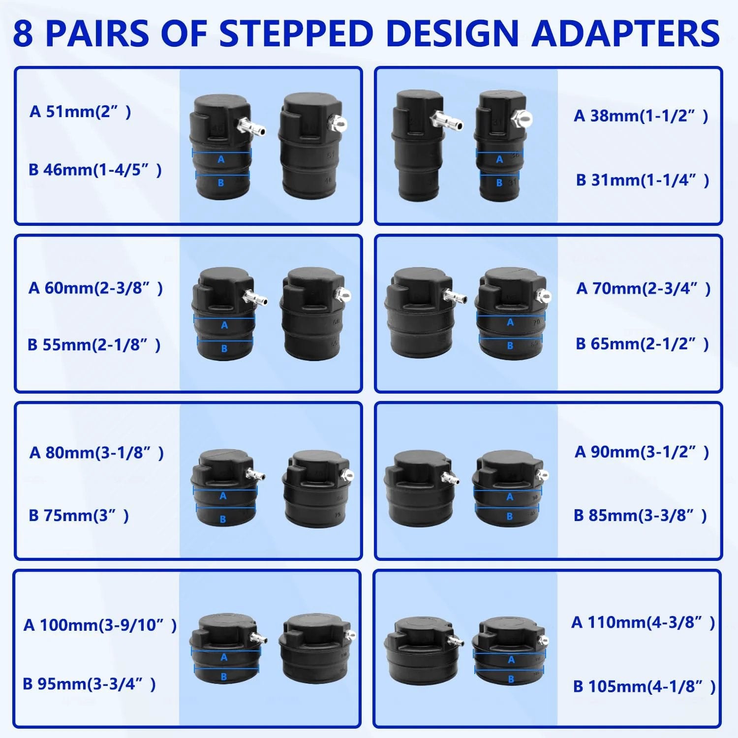 8 pairs of stepped design adapters for Pro Grade Turbo Leak Tester Kit, sizes from 2" to 4-3/8" for boost systems.
