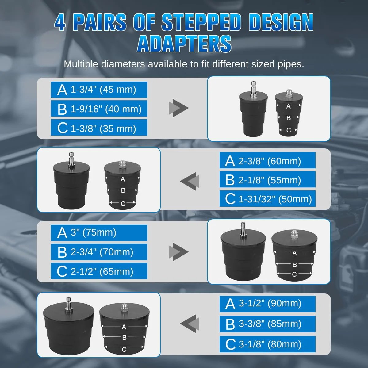 Stepped design adapters for Turbo Boost Leak Tester Kit For Cars And Light Trucks, showing sizes for different pipe diameters.