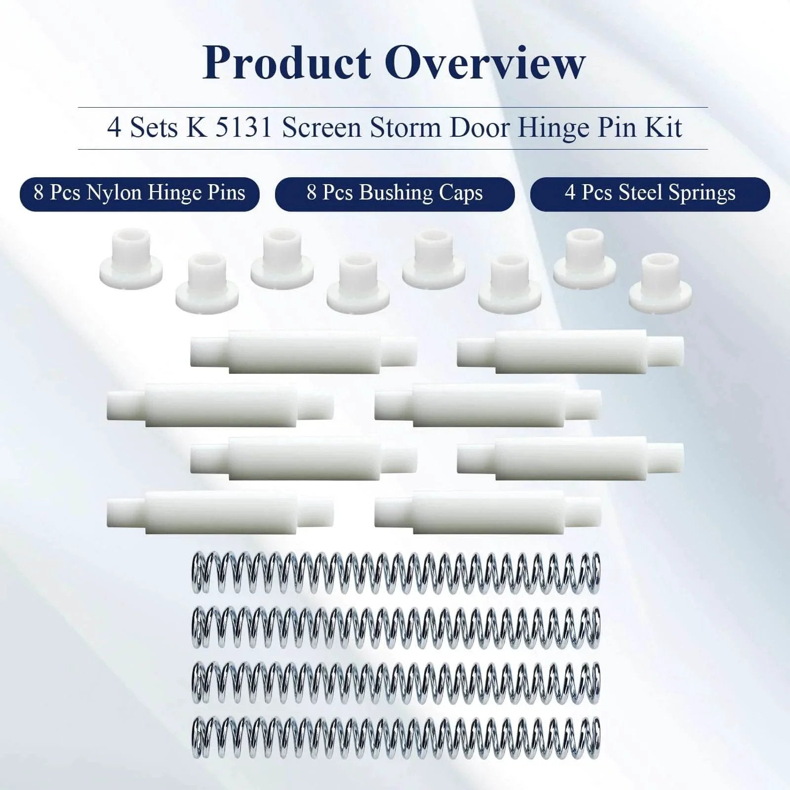 K 5131 Steel And Nylon Storm Door Hinge Pin Kit with 8 nylon hinge pins, 8 bushing caps, 4 steel springs displayed on white
