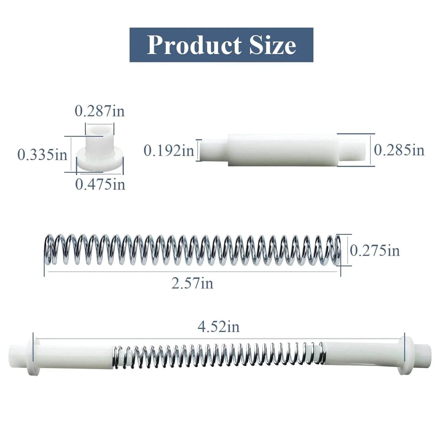Product dimensions of K 5131 Steel And Nylon Storm Door Hinge Pin Kit showing measurements of nylon hinge pins and steel springs.