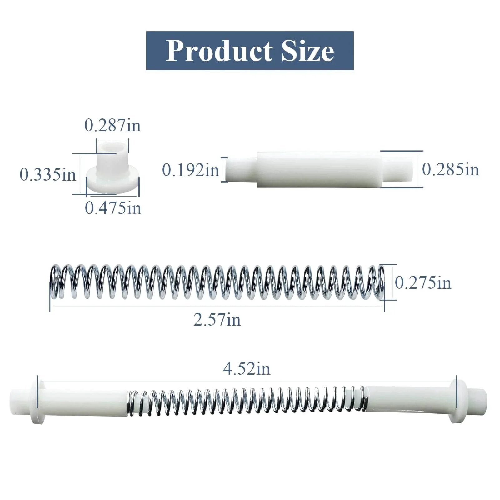 Product dimensions of K 5131 Steel And Nylon Storm Door Hinge Pin Kit showing measurements of nylon hinge pins and steel springs.