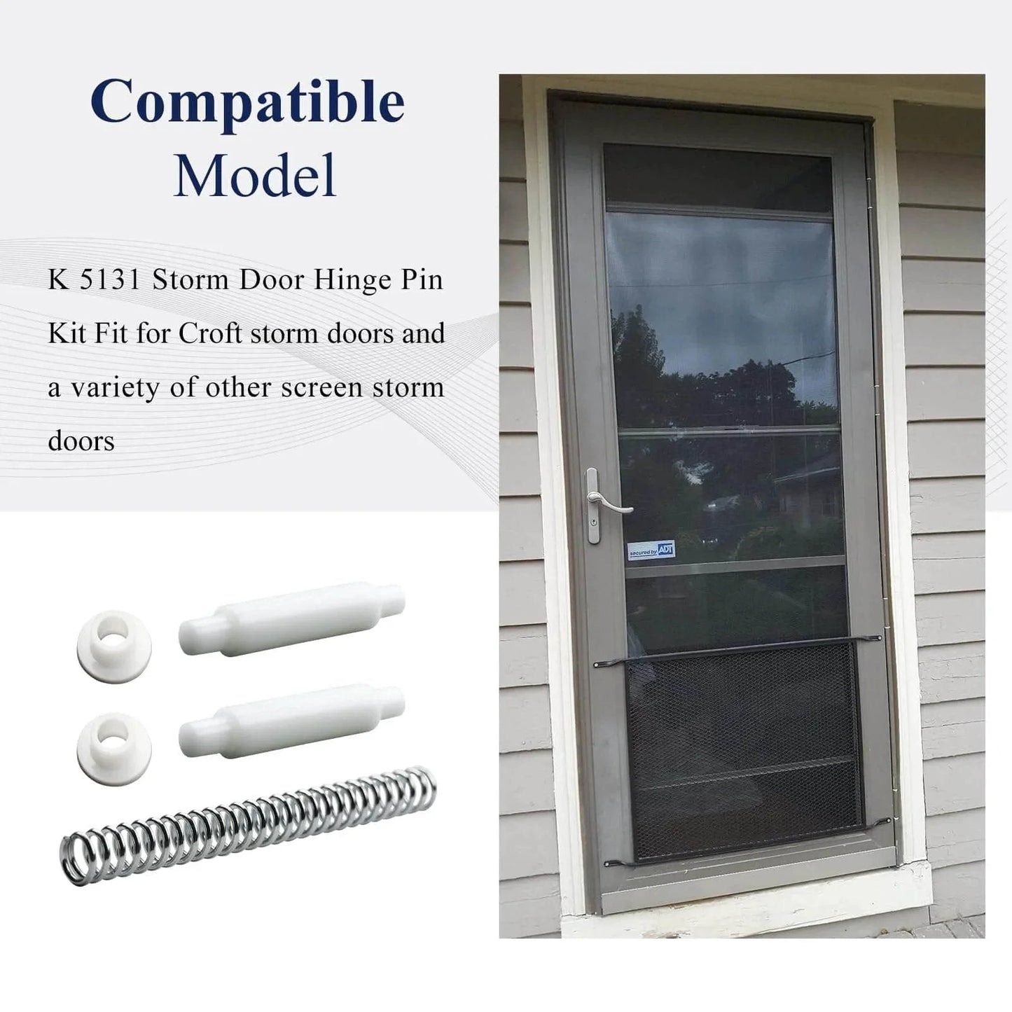 K 5131 Steel And Nylon Storm Door Hinge Pin Kit 4 Sets Including 8 Nylon Hinge Pins 8 Bushing Caps And 4 Steel Springs Compatible With Croft Storm Doors And Other Screen Storm Doors shown with image of a storm door.
