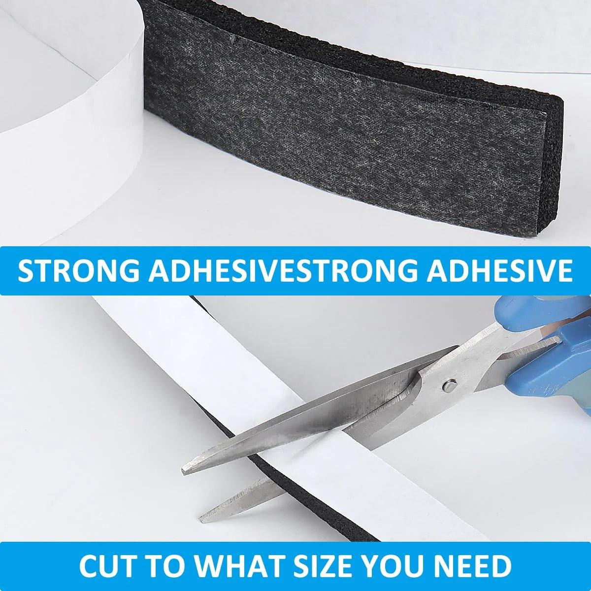 Premium Foam Insulation Tape DGSL Weather Stripping For Doors And Windows cut to size with strong adhesive on a white background.
