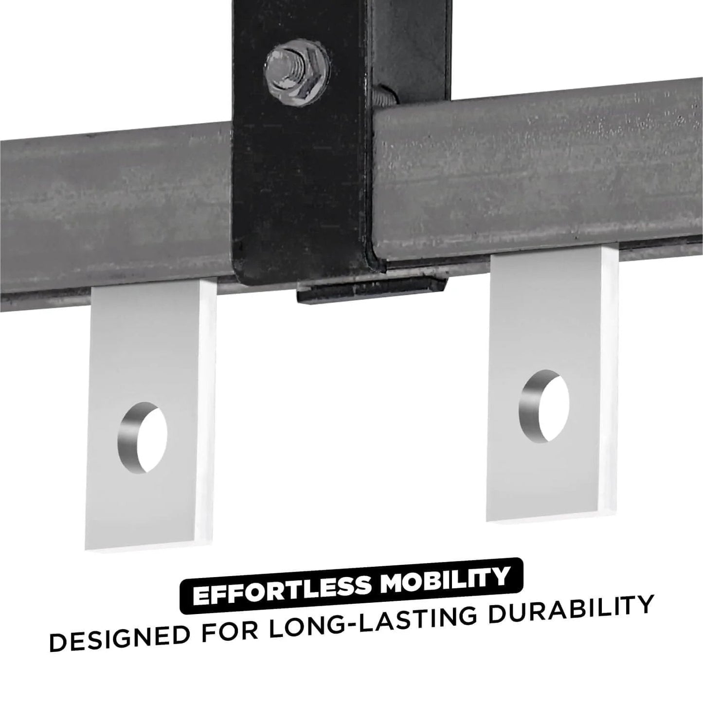 Close-up of 2 Wheels Trolley Assembly Rollers attached to strut channel, showcasing durable steel construction and easy mobility.