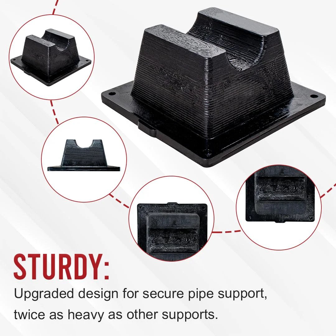 American Made 4 Pack Mini Rooftop Pipe Supports Set 6 By 6 By 3 Inch 300 Lbs Capacity UV Resistant Durable Roof Pipe Supports For Conduit Rubber PVC And Metal Pipes Universal Fit Eco Friendly Recycled Plastic close-up view of sturdy pipe support with upgraded design
