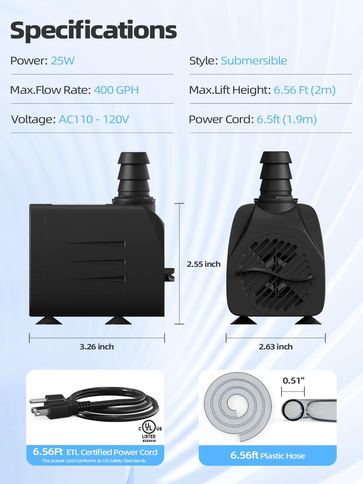 Ultra Quiet 400 GPH Submersible Water Pump For Ponds, Fountains, Fish Tanks And Hydroponics, showing specifications and dimensions.
