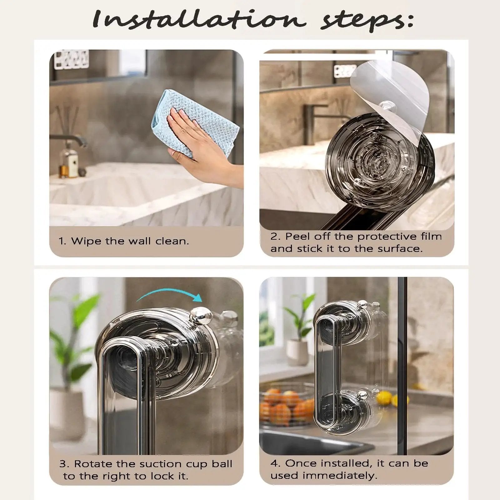 Step-by-step install: Adhesive Suction Cup Door Handle for Cabinets Windows Glass Doors Refrigerators, strong suction PET ABS.