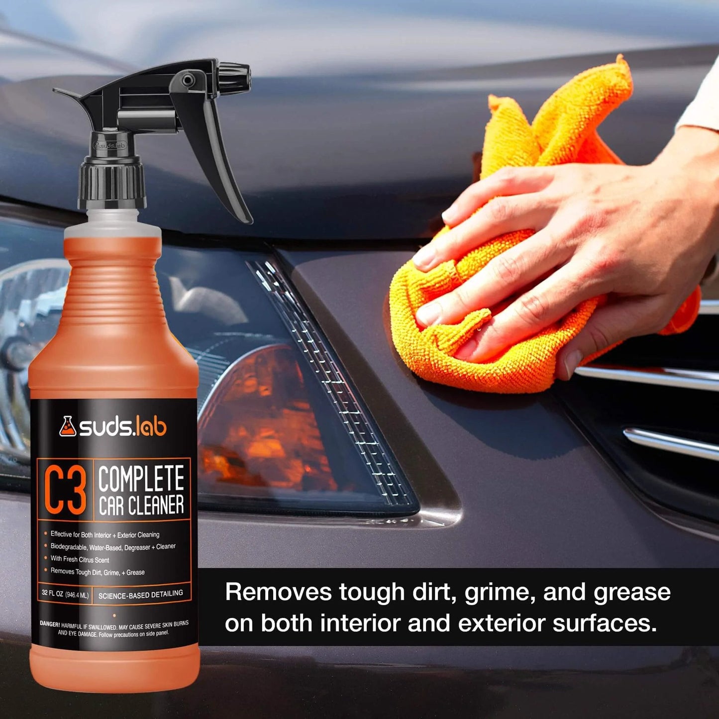 Suds Lab C3 Complete Car Cleaner, Multipurpose Car Wash Solution for Interior and Exterior Cleaning, Spray for Automotive Detailing, 32 oz bottle next to a person cleaning a car's exterior with an orange cloth.