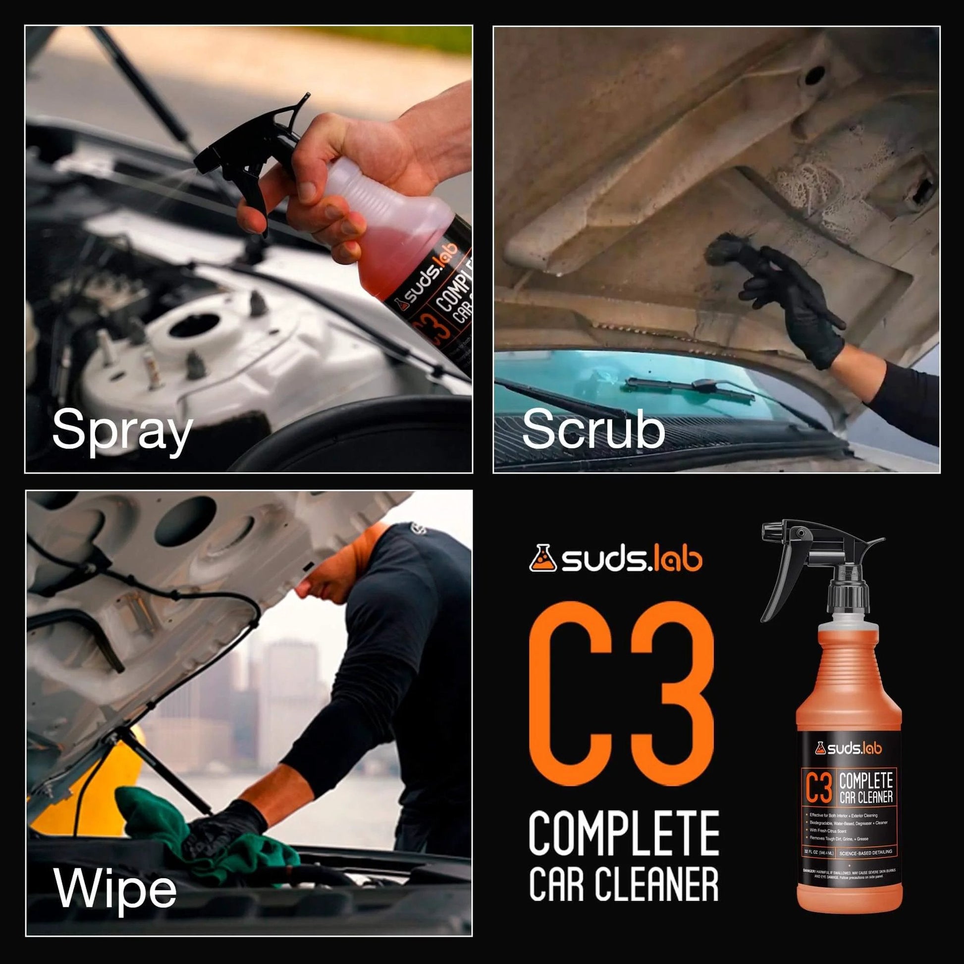 Suds Lab C3 Complete Car Cleaner, Multipurpose Car Wash Solution for Interior and Exterior Cleaning, Spray for Automotive Detailing, 32 oz