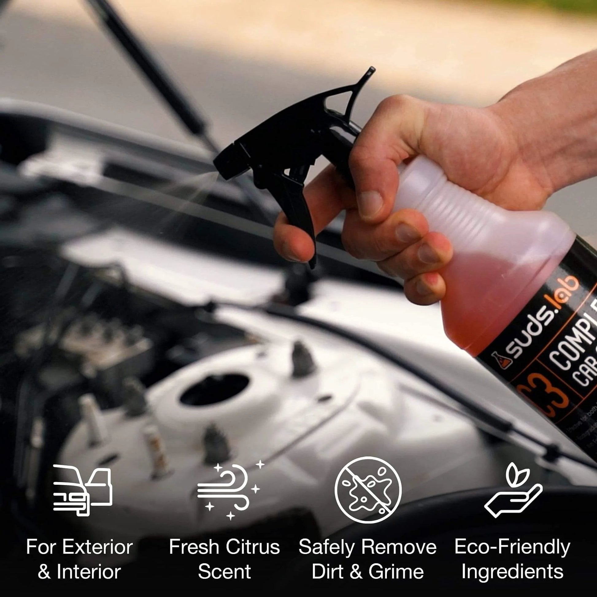 Person using Suds Lab C3 Complete Car Cleaner, Multipurpose Car Wash Solution for Interior and Exterior Cleaning, Spray for Automotive Detailing, 32 oz