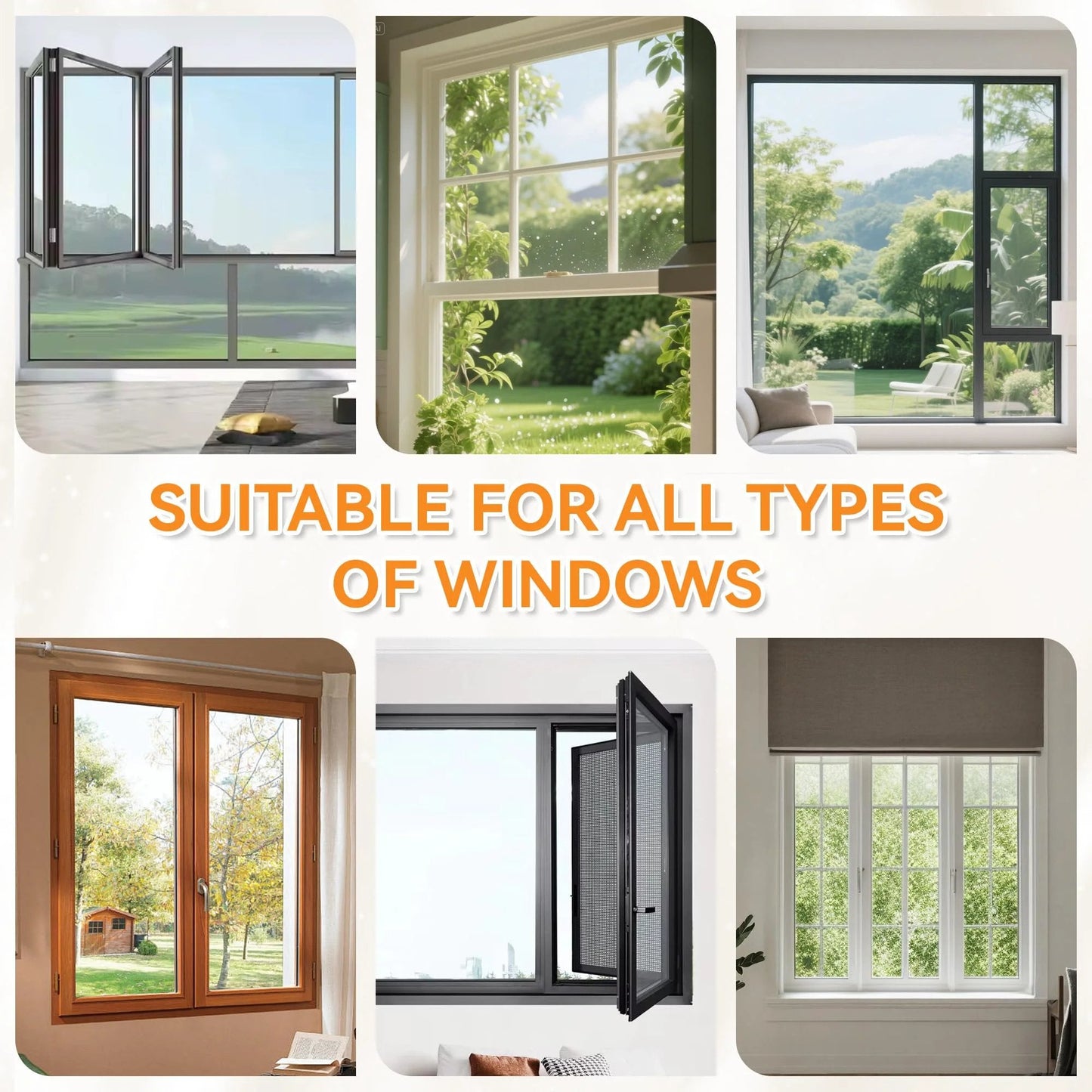 Various window types showcasing the 236 Inch Wedge Shaped Foam Door And Window Seal Strip Self Adhesive Weather Stripping.