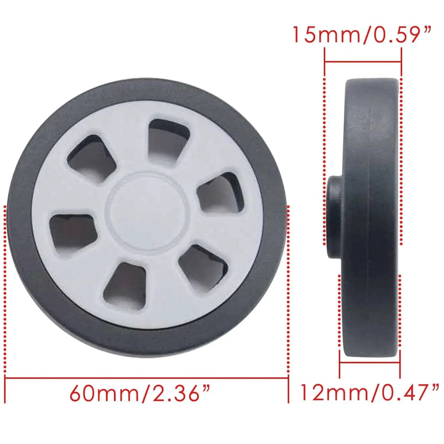 Suitcase Wheels Replacement 360 Spinner Kit 60mm Diameter by 12mm Width showing front and side view.