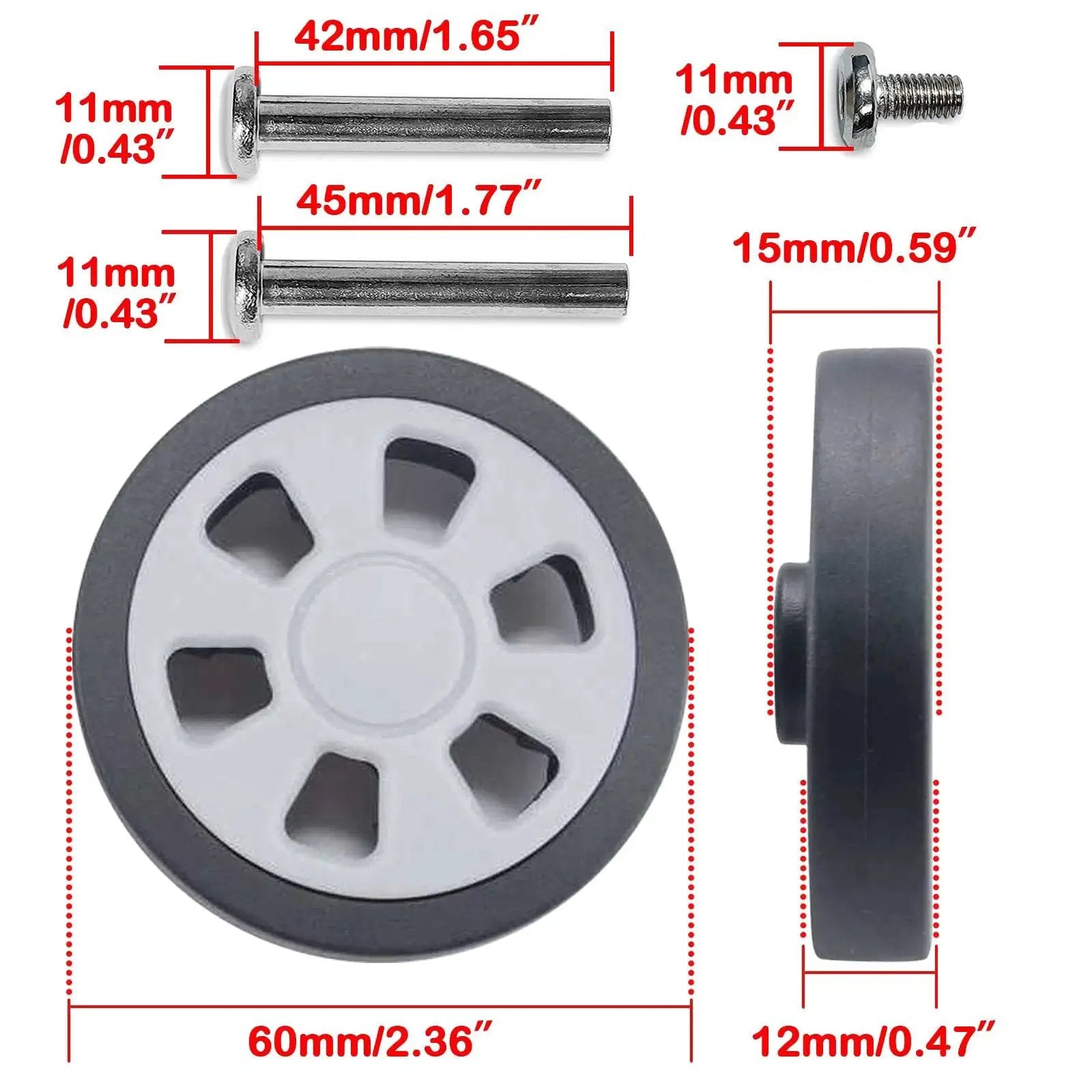 Suitcase Wheels Replacement 360 Spinner Kit 60mm Diameter by 12mm Width showing wheel and axles dimensions