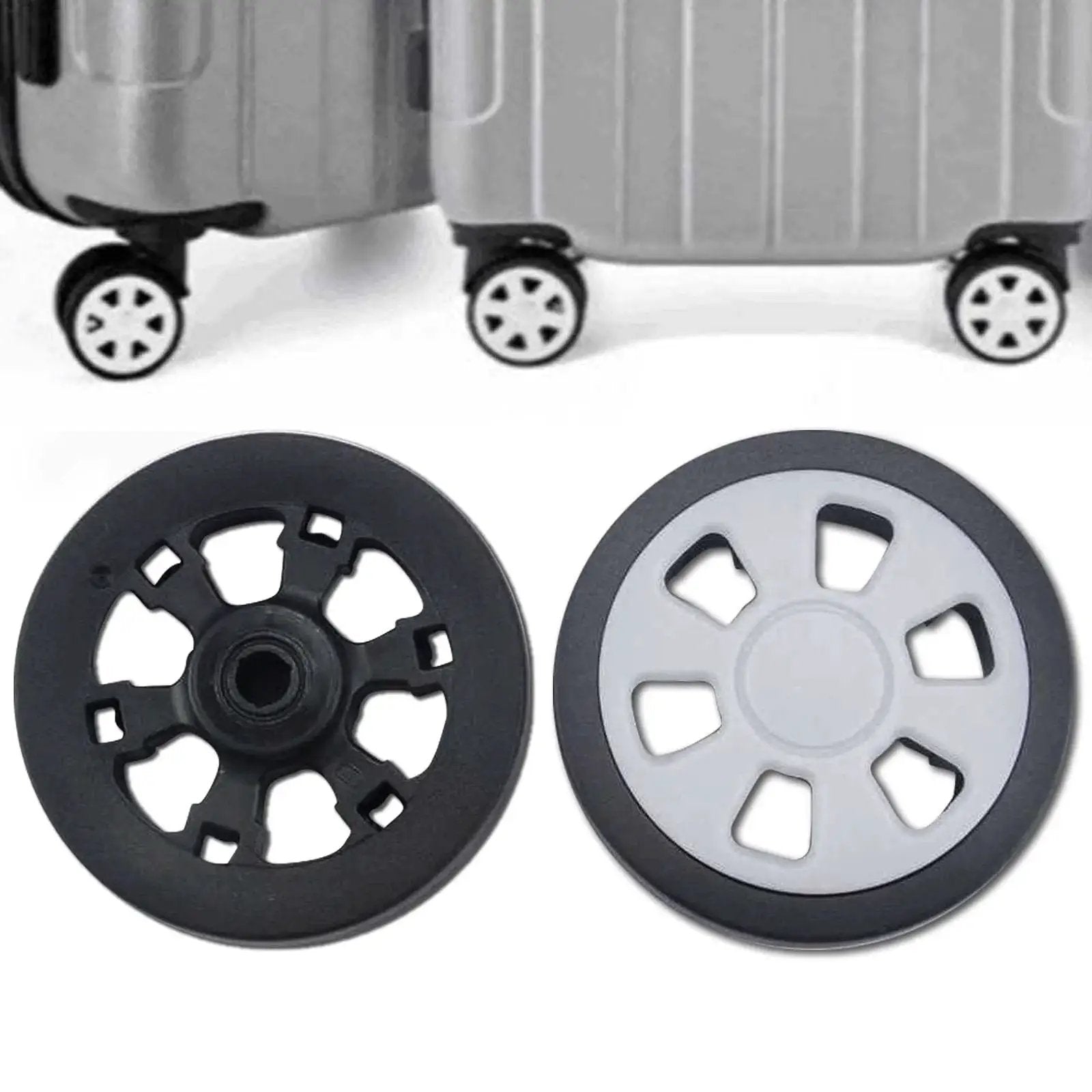 Suitcase Wheels Replacement 360 Spinner Kit 60mm Diameter by 12mm Width shown with luggage and close-up of wheel design.