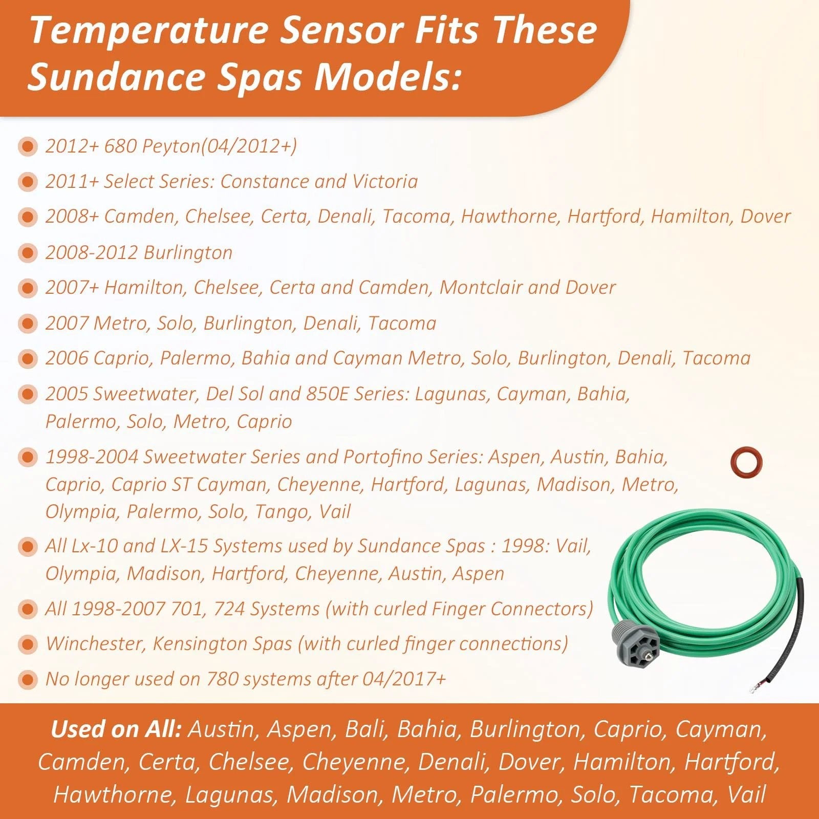 6600-166 Temperature Sensor For Sundance Spas And Jacuzzi Hot Tubs J300 To J365 And More Series, Spa Temp Sensor with curled finger connectors and O-ring, showing compatibility details.