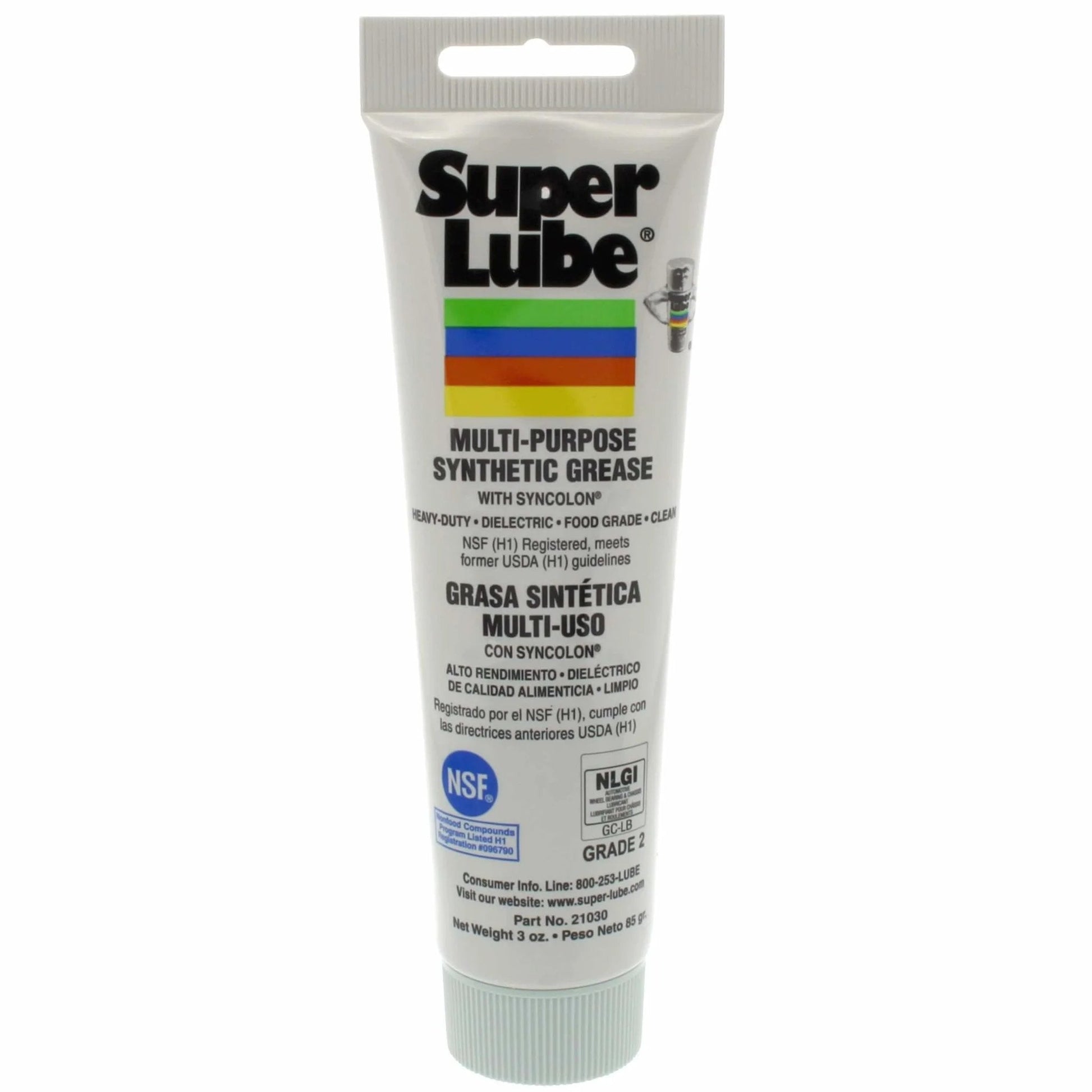 Front view of Super Lube Multi-Purpose Synthetic Grease w/ Syncolon - High Temperature, Water & Corrosion Resistant Grease - Workshop & Industrial Use - Food Grade - Translucent White - Tube - 3 oz (21030).