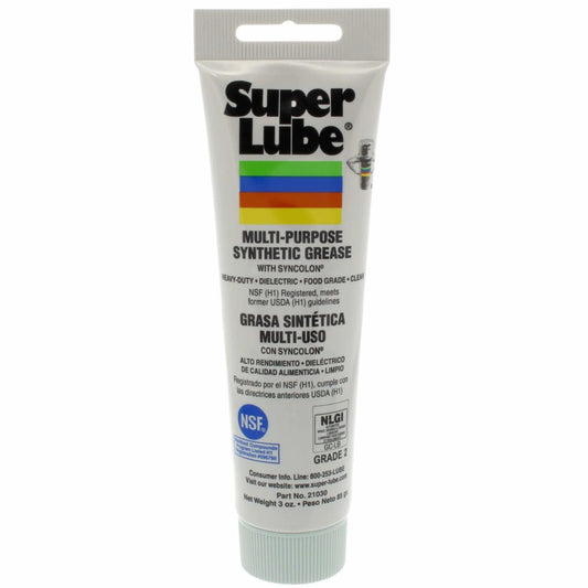 Front view of Super Lube Multi-Purpose Synthetic Grease w/ Syncolon - High Temperature, Water & Corrosion Resistant Grease - Workshop & Industrial Use - Food Grade - Translucent White - Tube - 3 oz (21030).