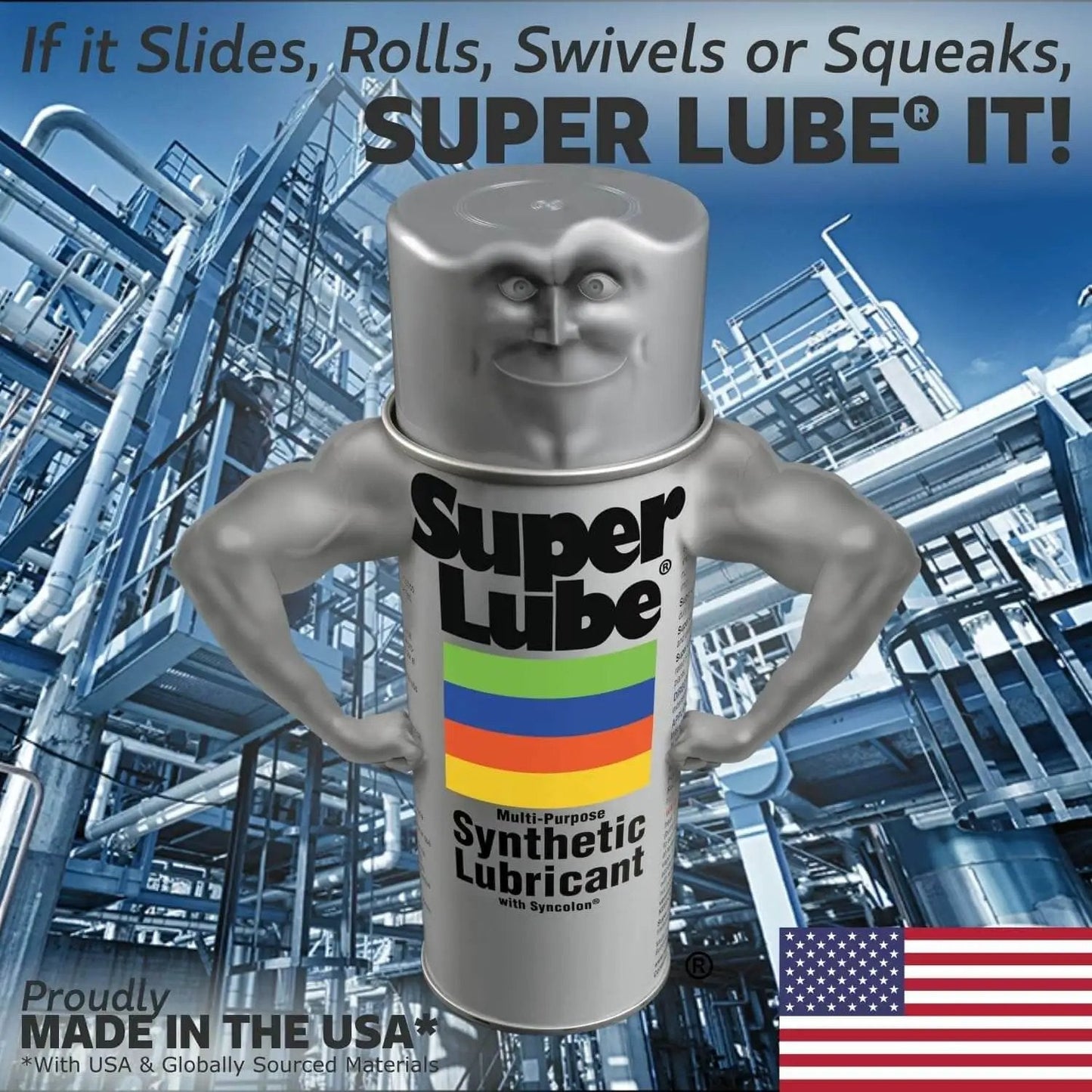 Super Lube synthetic lubricant can with muscular design in industrial background, USA flag shown