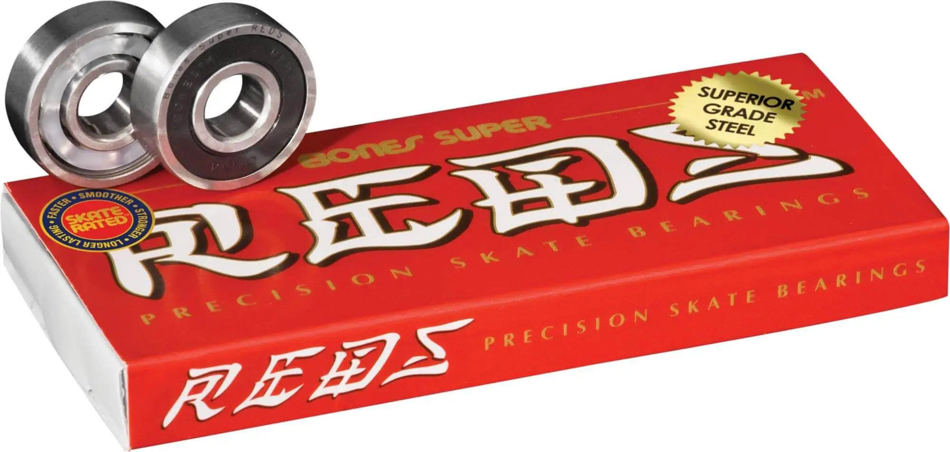 High-Performance Skateboard Bearings 8 Pack With Super Reds Non Contact Rubber Shield Pre Lubricated Speed Cream Nylon Ball Retainer And Premium Steel Races For Ultra Smooth Fast Spins By Bones packaging