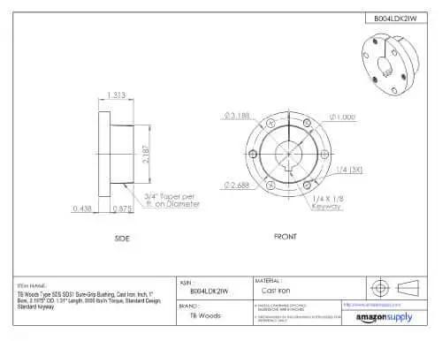 Technical diagram of Sure Grip Bushing For Drive Shaft SDS1 Cast Iron 1 Inch Bore 2.1875 Inch OD 1.31 Inch Length 5000 Lb In Torque Split Flange Keyed For Pulleys Sprockets And Sheaves TB Woods