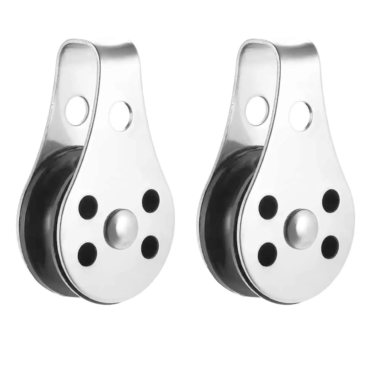 Pair of SUS316 Nylon Steel Rope Pulley System Wheels for outdoor rigging, suitable for 0.08 to 0.32 inch ropes, shown in front view.