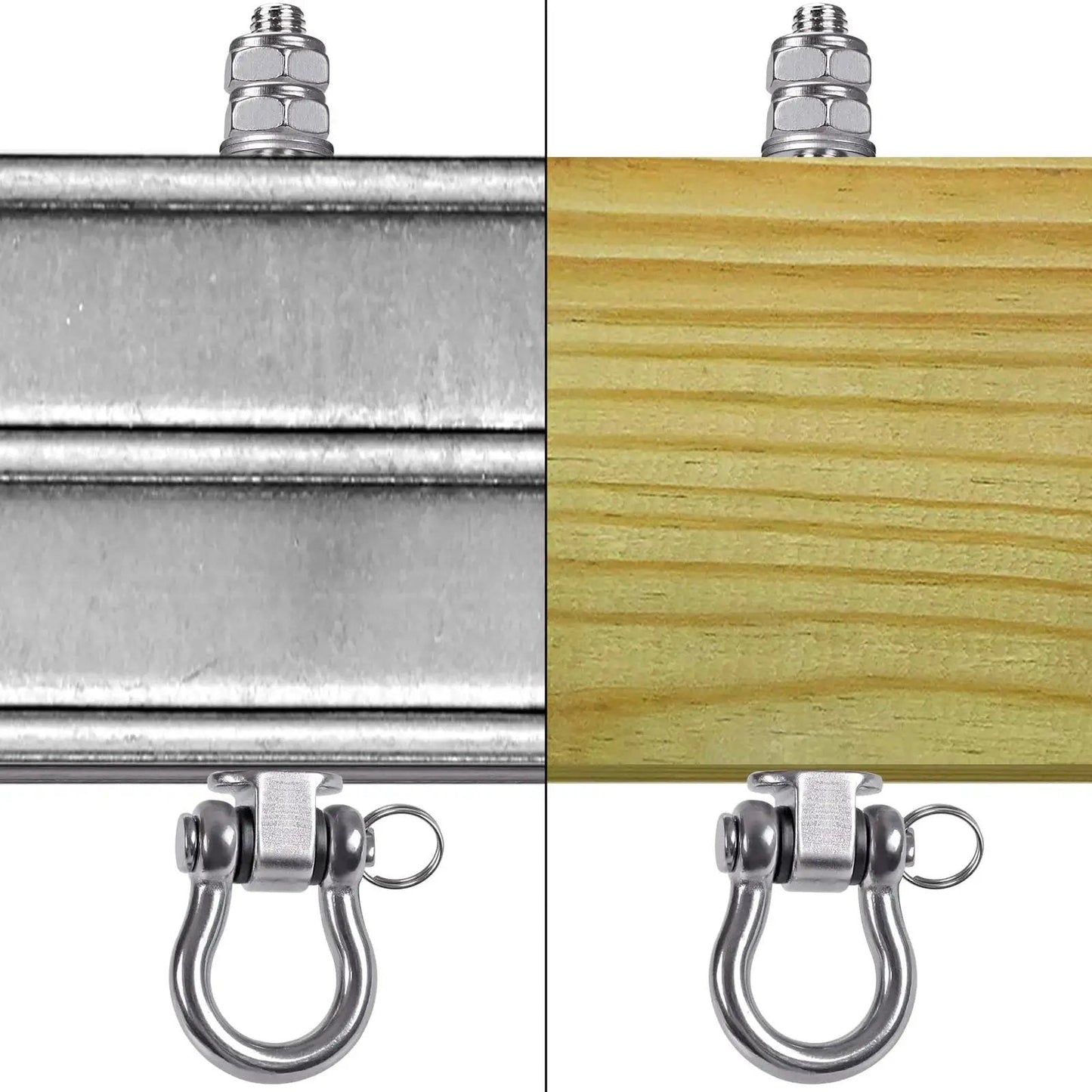 Heavy Duty Swing Hangers With Bearings Set Of 2 installed on metal and wood beams, showing stainless steel 304 construction.
