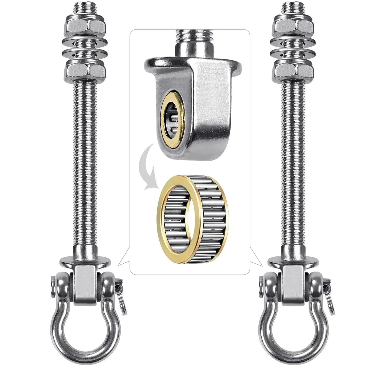 Heavy Duty Swing Hangers With Bearings Set Of 2, stainless steel 304 hardware, close-up of bearing mechanism for beams up to 1500 lb