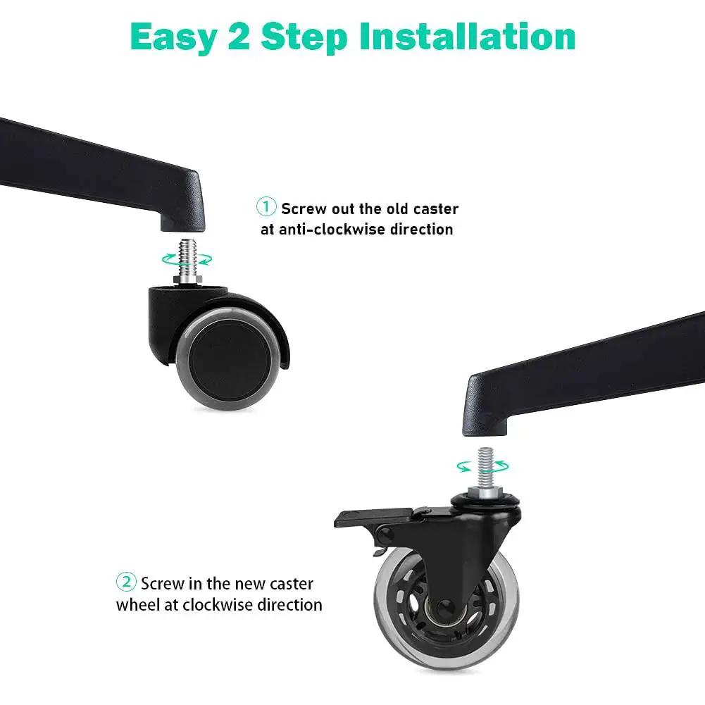 Two-step installation of Three Inch Swivel Caster Set With Five Sixteenth Inch Threaded Stem Eighteen UNC Heavy Duty Casters