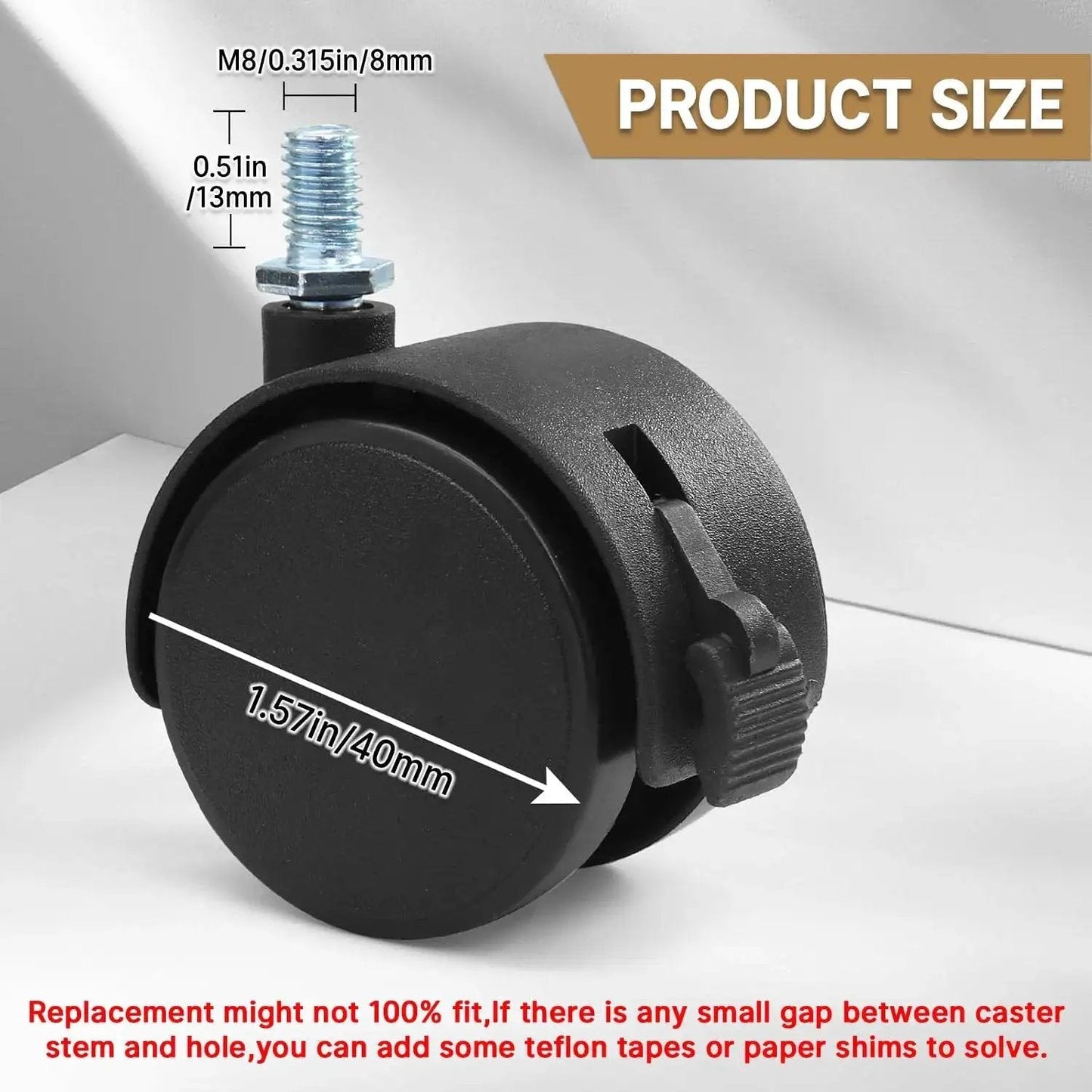 Close-up of a black 4 Pcs 1.5 Inch Swivel Caster Wheel With Locking Brake M8 Threaded Stem Replacement Casters For Seats Shelves.