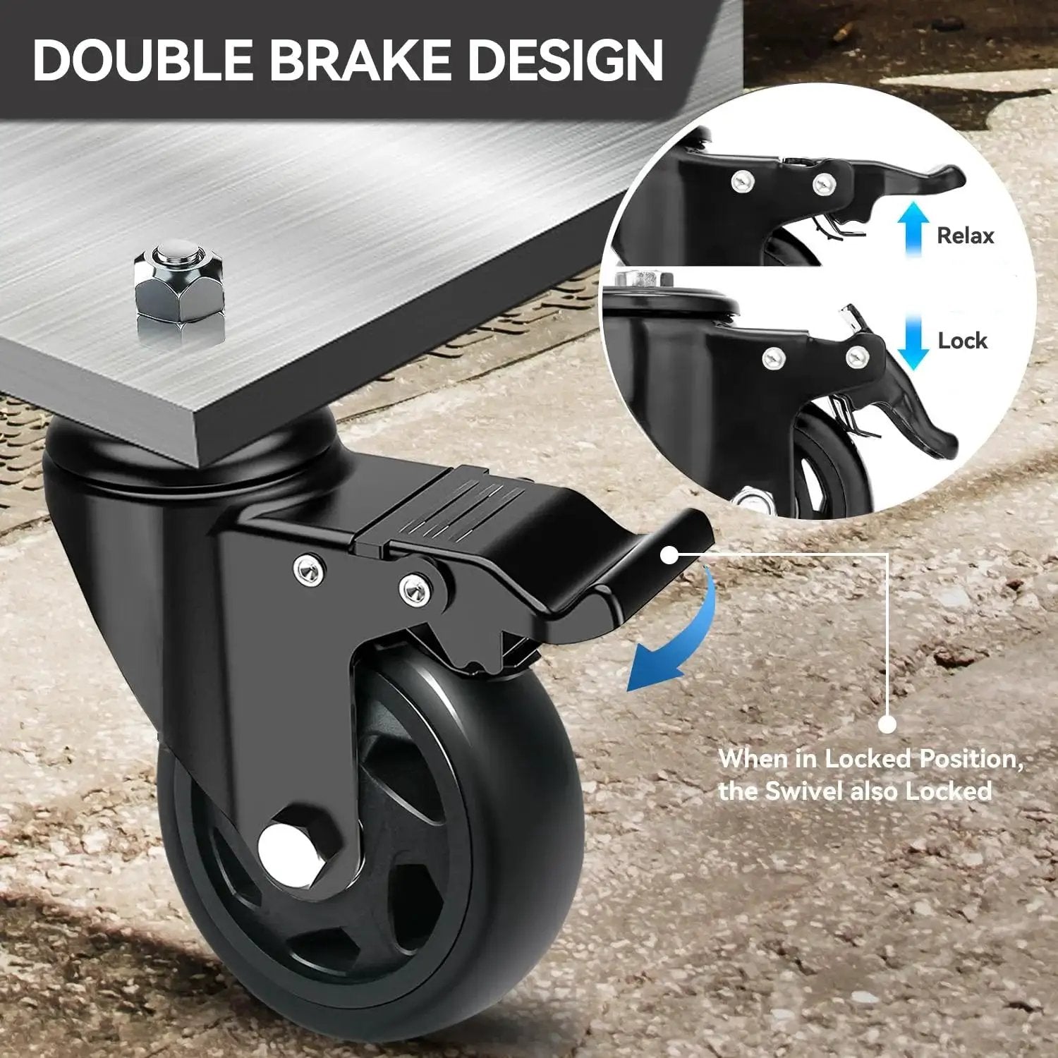 Close-up of 4 Inch Swivel Threaded Stem Caster Wheels Set Of 4 Heavy Duty 2000 Lb Capacity Locking Casters UNC 3/8-16 X 1 Inch Stem Size.