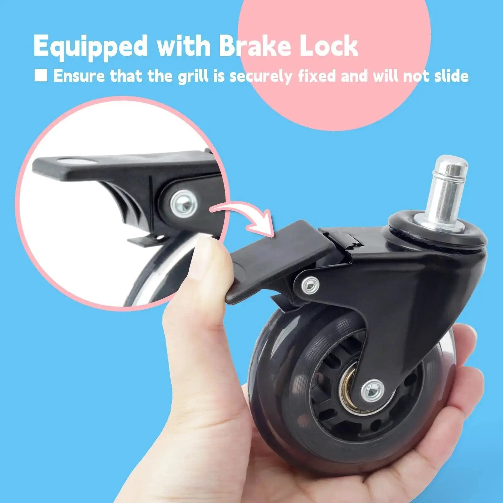 Close-up of 2 Pack 3 Inch Swivel Caster Wheel With Brake Replacement For Traeger Pellet Grills, held in hand to show brake lock.